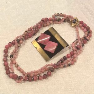 Pink / black Rhodonite beaded necklace & earrings